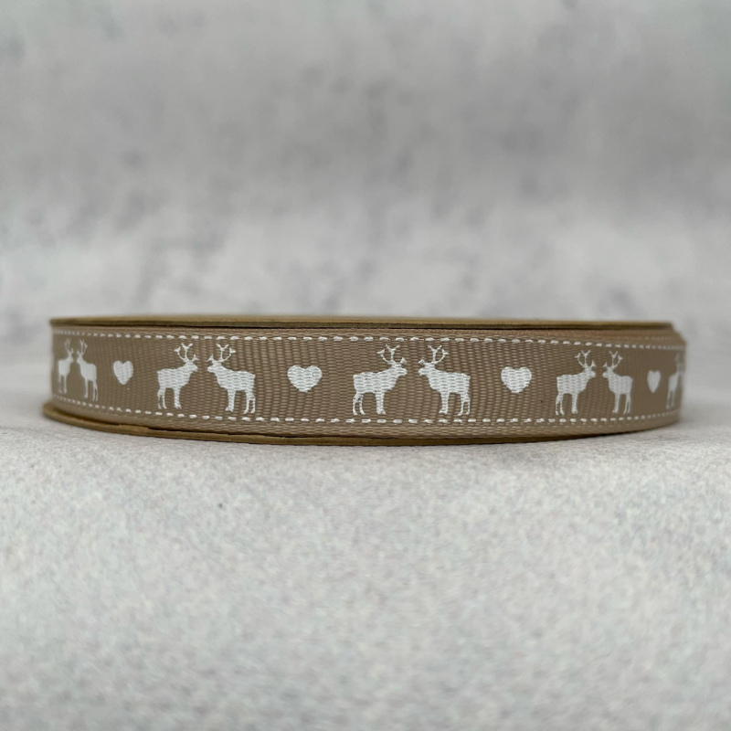 Obrazek Wstążka gwiazdkowa beżowa białe renifery, serca 1,2cm/25yd