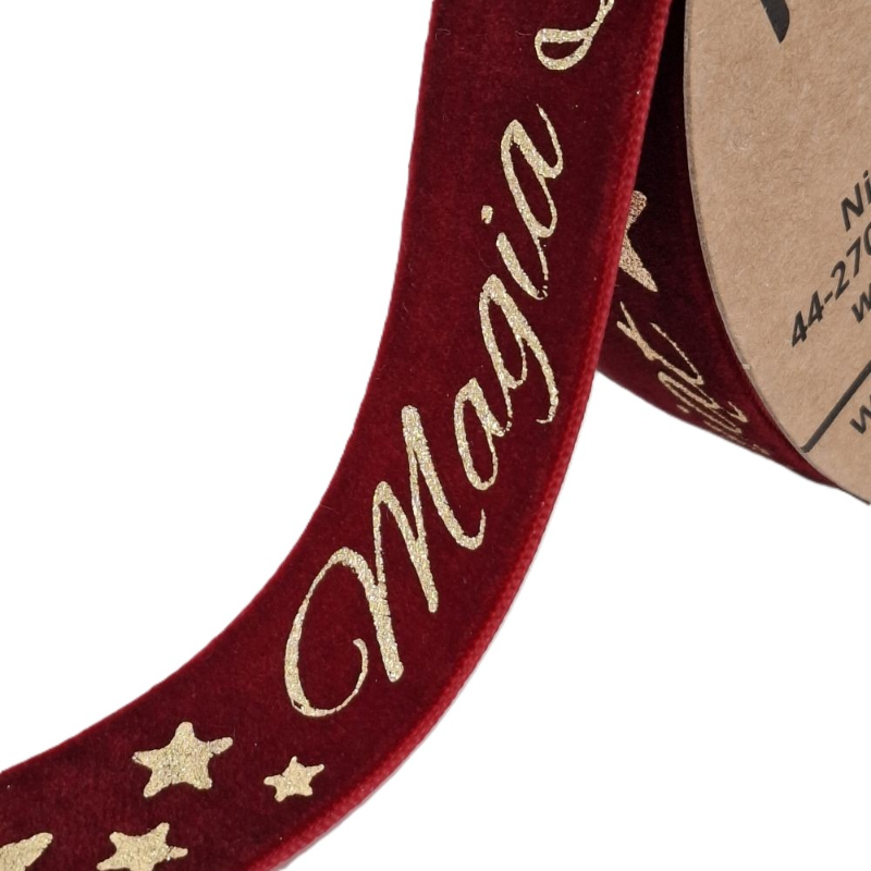 Obrazek Wstążka welwetowa bordo złoty napis Magia Świąt 2,5cm/10y