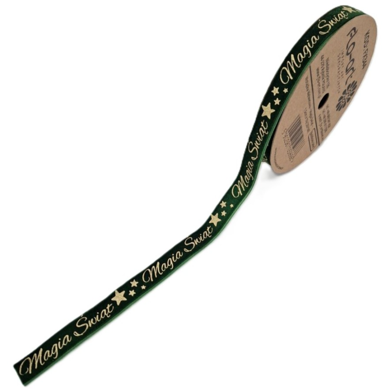 Obrazek Wstążka welwetowa zieleń złoty napis Magia Świąt 1,5cm/10y