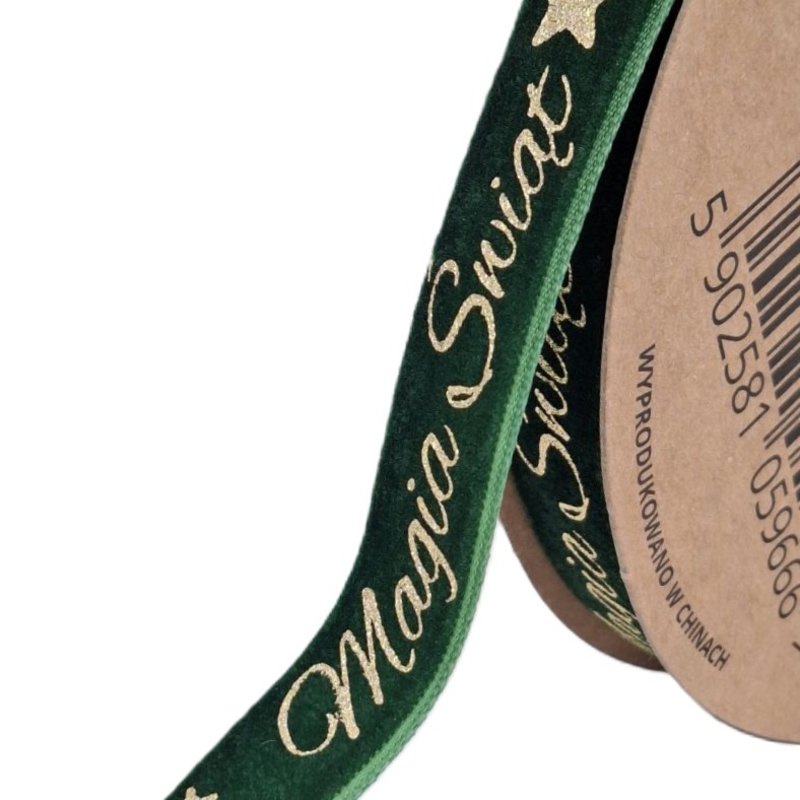 Obrazek Wstążka welwetowa zieleń złoty napis Magia Świąt 1,5cm/10y