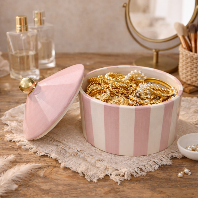 Obrazek Puzderko ceramiczne w paski biało-różowe duże