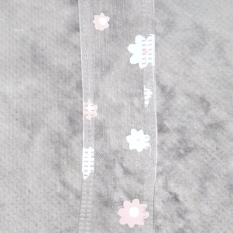 Obrazek Wstążka organzowa jasno różowa z kwiatami 2,5cm/10y