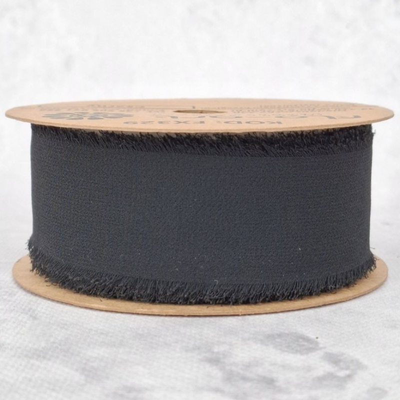 Obrazek Wstążka szyfonowa z szarpanym brzegiem czarny 4cm/10y