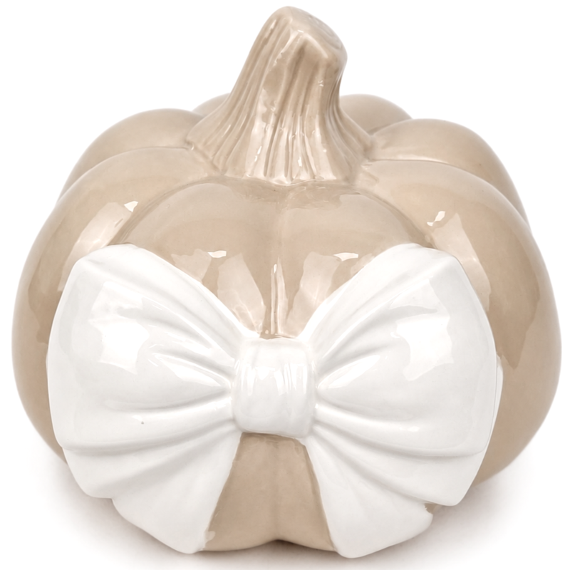 Obrazek Dynia ceramiczna beżowa z białą kokardą 17x16.7x14.5 cm